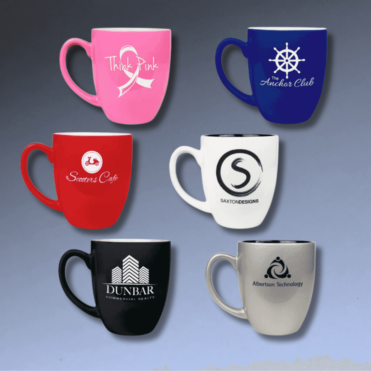 Personalized Ceramic Coffee Mugs – Bistro and Rounded Styles - Blue/White