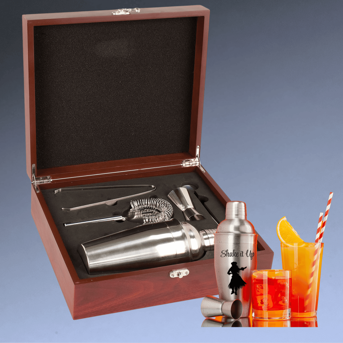 Personalized Cocktail Shaker Gift Set - With Rosewood Finished Box - 