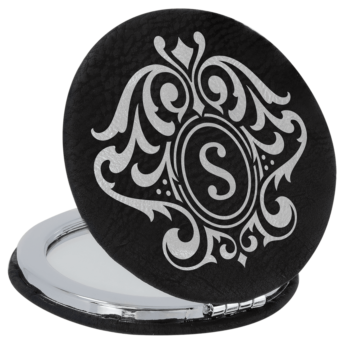 Personalized Compact Mirror With Magnifier in Leatherette Colors - Black/Silver