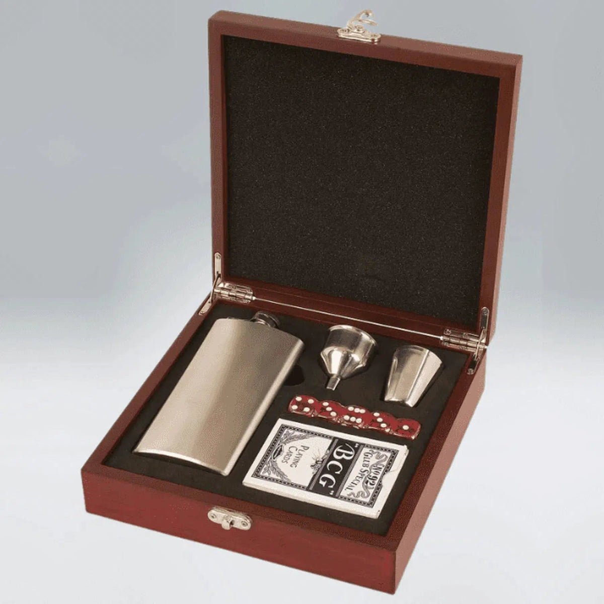 Personalized Flask, Card and Dice Gift Set – With Rosewood Box - 8 1/4" (W) x 2 3/8" (H)