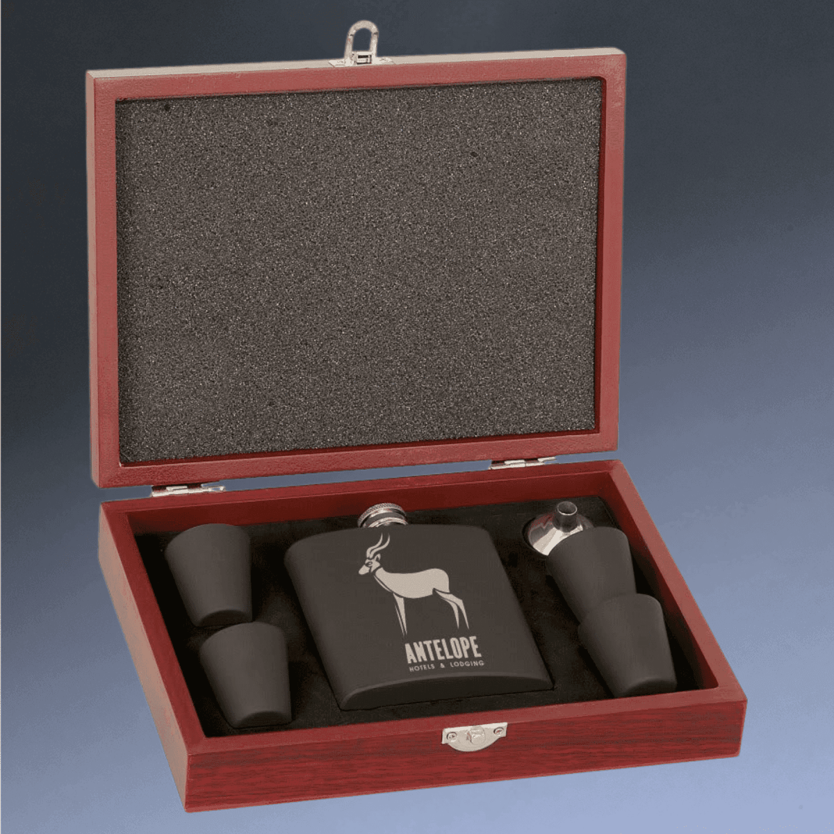 Personalized Flask Gift Sets – Custom Engraved with Funnel & Shot Glasses - Black Presentation Box