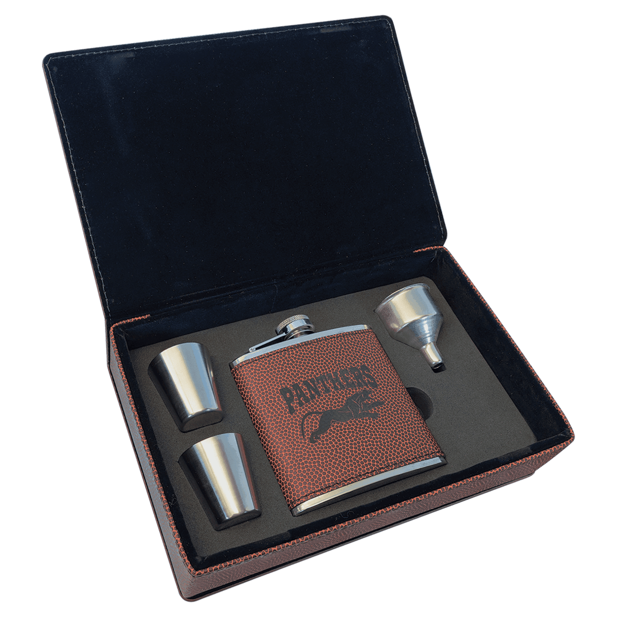 Personalized Flask Gift Sets – Custom Engraved with Funnel & Shot Glasses - Leatherette Box