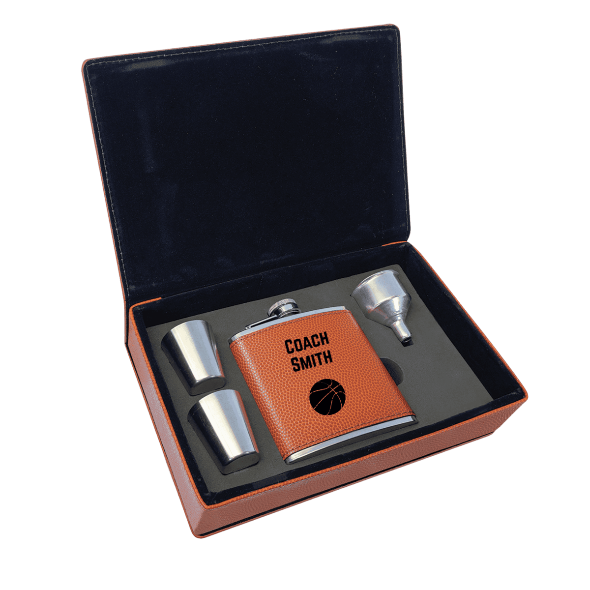 Personalized Flask Gift Sets – Custom Engraved with Funnel & Shot Glasses - Leatherette Box