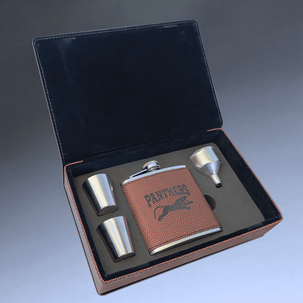 Personalized Flask Gift Sets – Custom Engraved with Funnel & Shot Glasses - Black Presentation Box