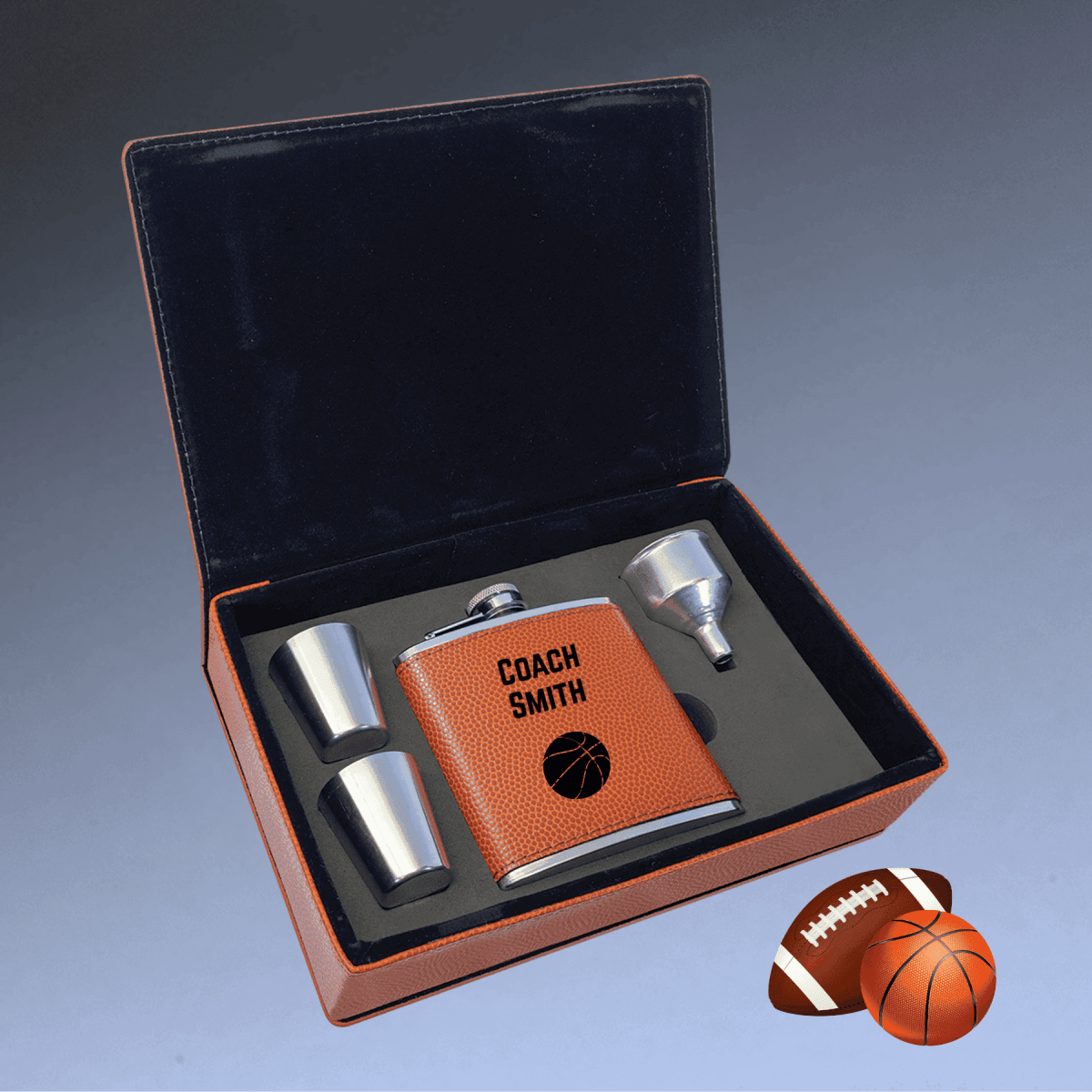 Personalized Flask Gift Sets – Custom Engraved with Funnel & Shot Glasses - Black Presentation Box