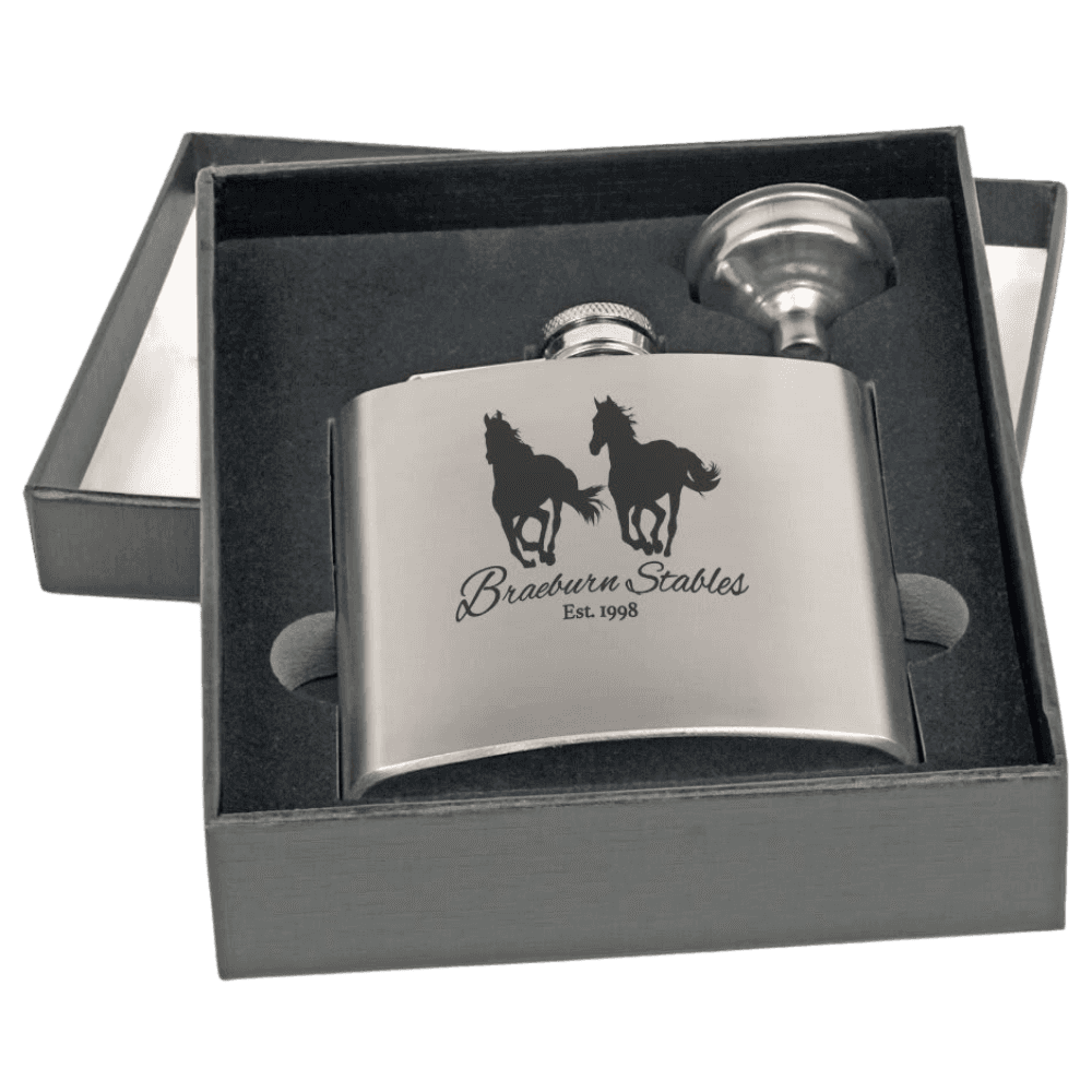 Personalized Flask Gift Sets – Custom Engraved with Funnel & Shot Glasses - Black Presentation Box
