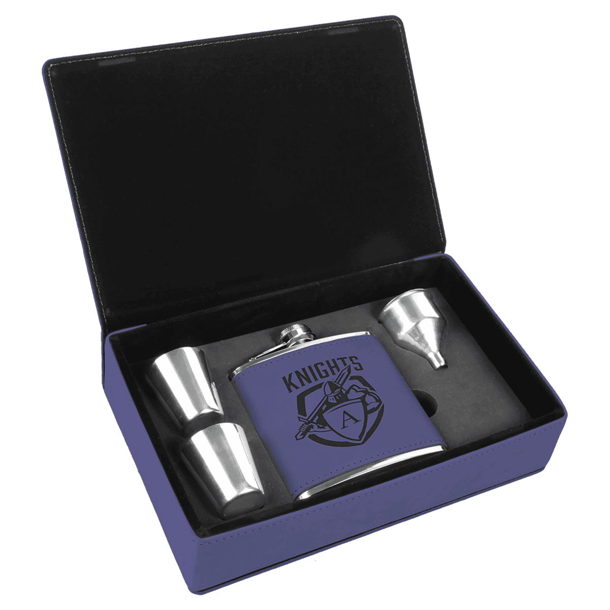 Personalized Flask Gift Sets – Custom Engraved with Funnel & Shot Glasses - Leatherette Box