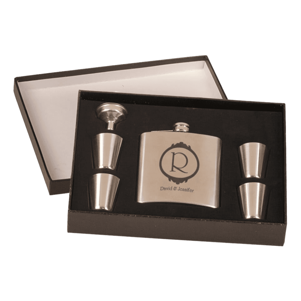 Personalized Flask Gift Sets – Custom Engraved with Funnel & Shot Glasses - Black Presentation Box