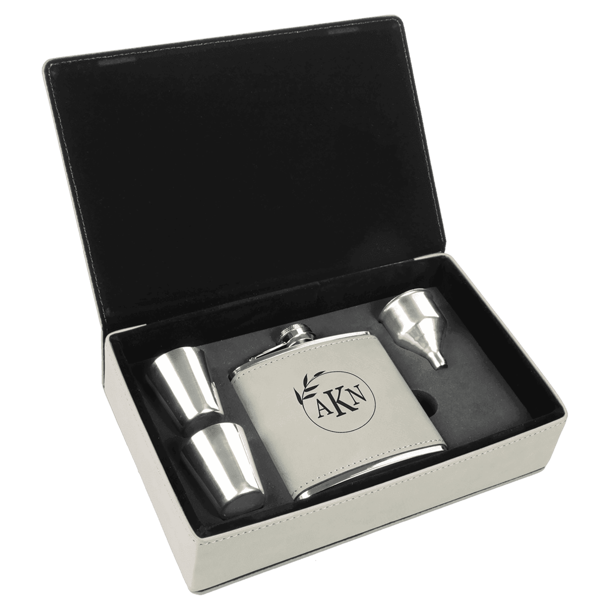 Personalized Flask Gift Sets – Custom Engraved with Funnel & Shot Glasses - Leatherette Box