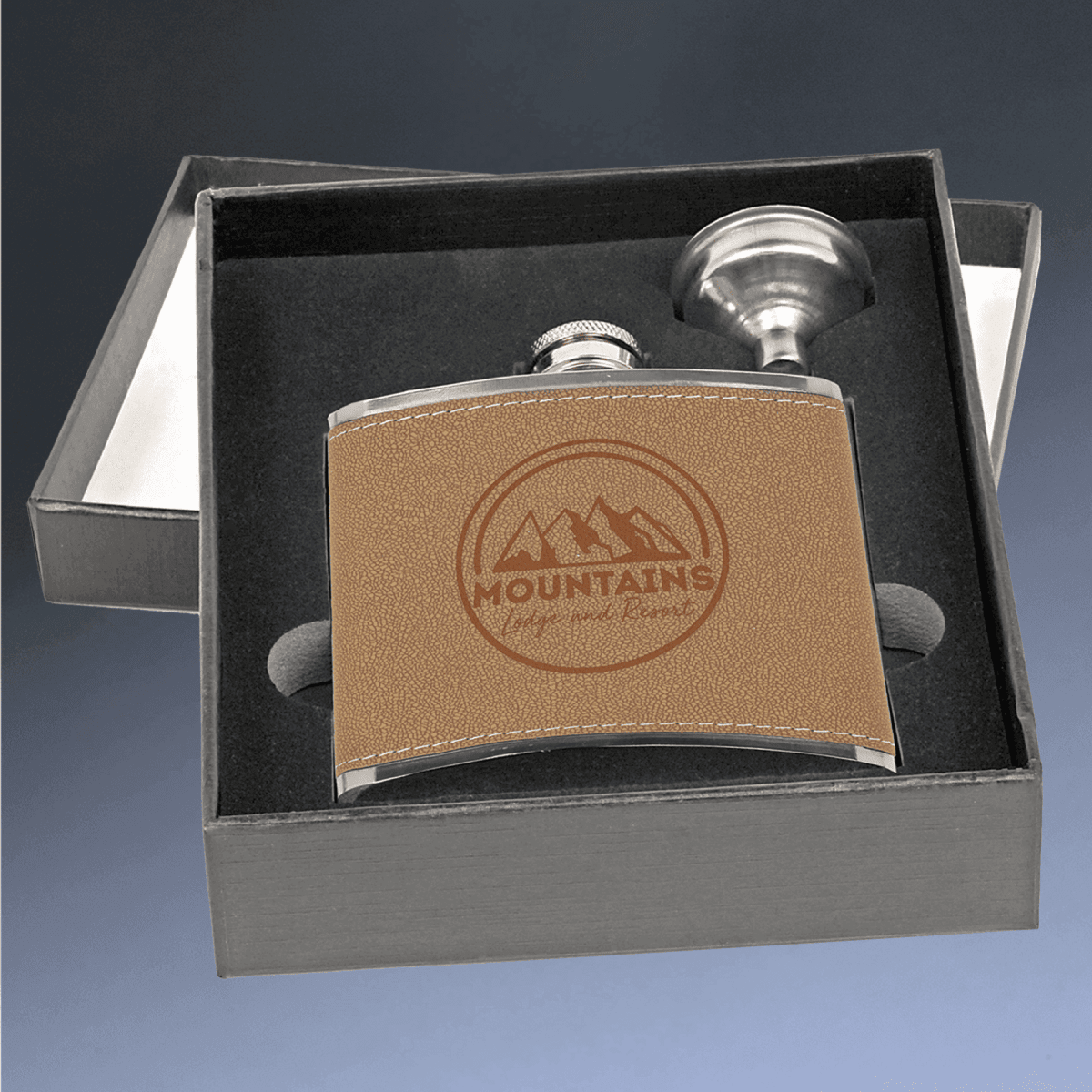 Personalized Flask Gift Sets – Custom Engraved with Funnel & Shot Glasses - Black Presentation Box