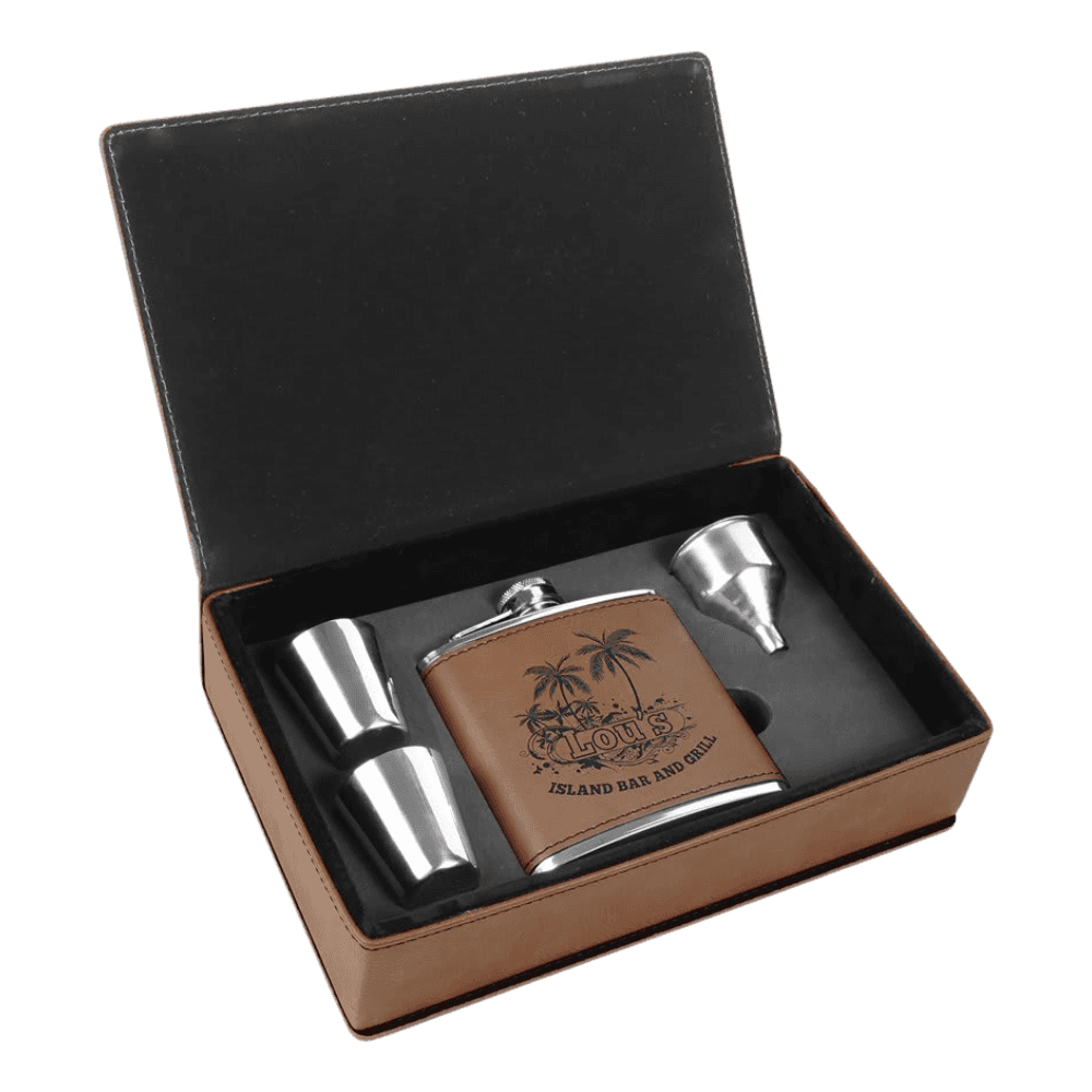 Personalized Flask Gift Sets – Custom Engraved with Funnel & Shot Glasses - Leatherette Box