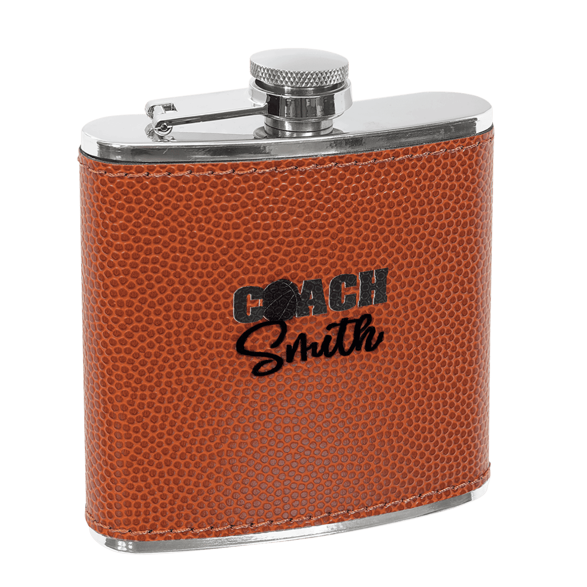 Personalized Flasks – 6 oz. Stainless with Leatherette & Cork Wraps - Basketball Leatherette