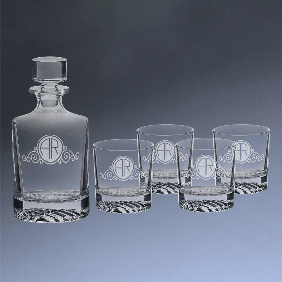 Personalized Glass Decanter Sets With 4 Rocks Glasses & Gift Box - 850ml Round Decanter Set (4 9 oz. Glasses)