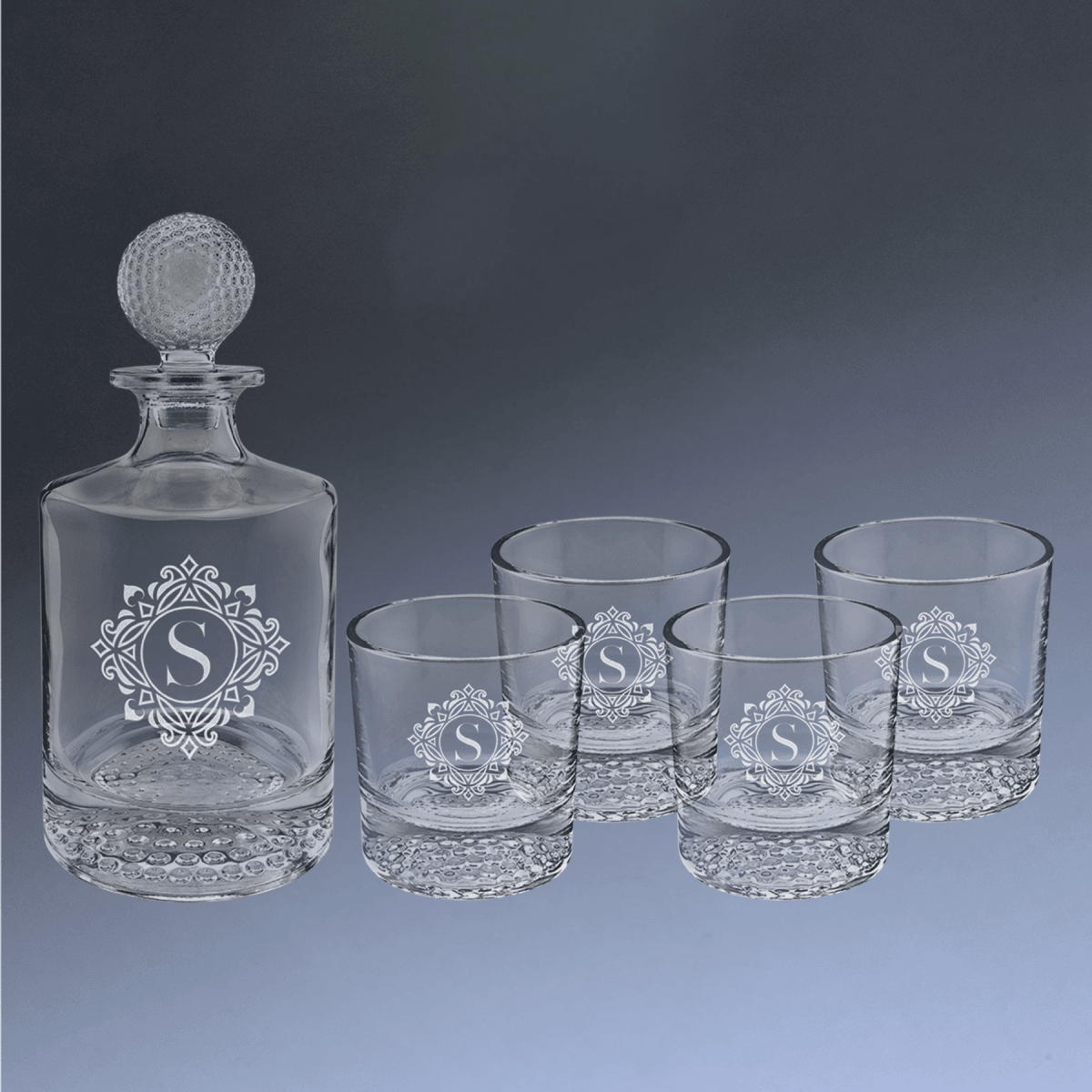Personalized Glass Decanter Sets With 4 Rocks Glasses & Gift Box - 850ml Round Golf Themed Decanter Set (4 9 oz. Glasses)