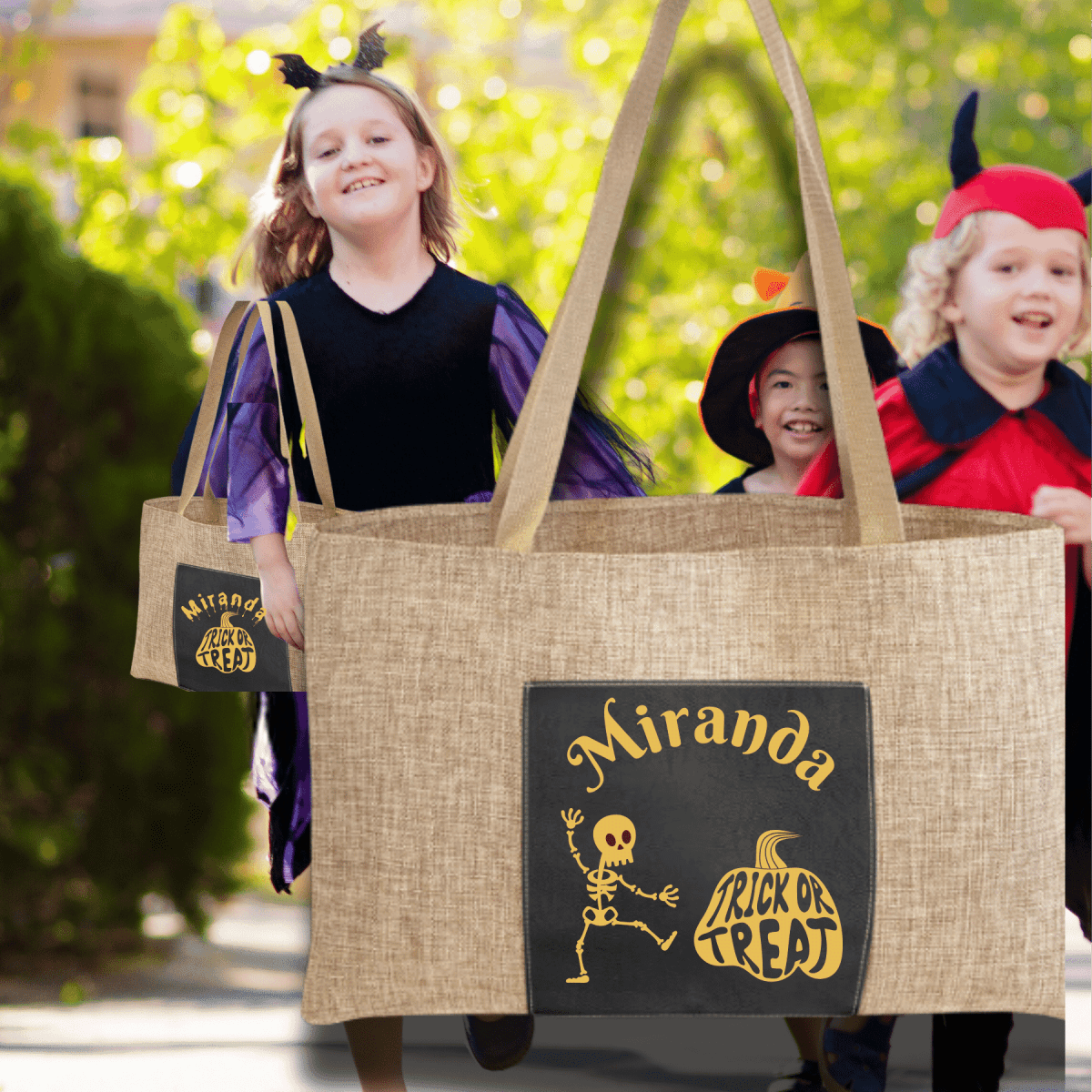 Personalized Halloween Trick or Treat Bag - Large Leatherette and Burlap - LightForce Laser Engraving, LLC