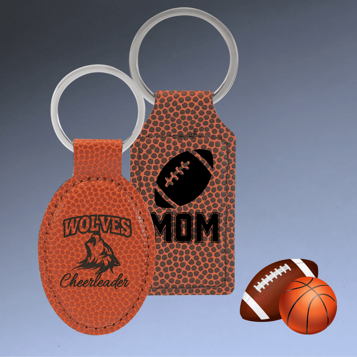 Personalized Leatherette Keychains - With Football & Basketball Styles - White