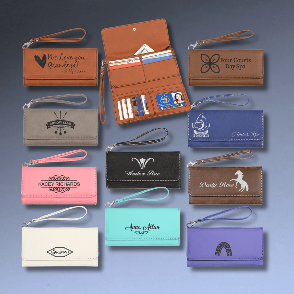 Personalized Leatherette Wallets with Wrist Strap - Teal