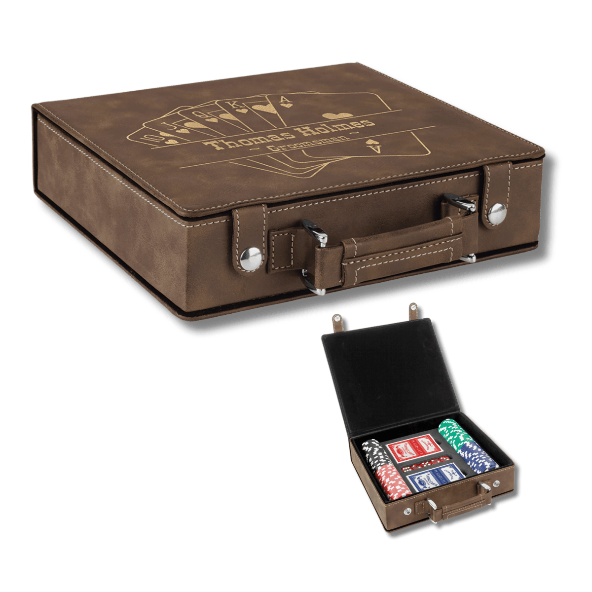 Personalized Poker Set in Leatherette Carry Case - 100 chips, 2 Card Decks - Rustic/Gold