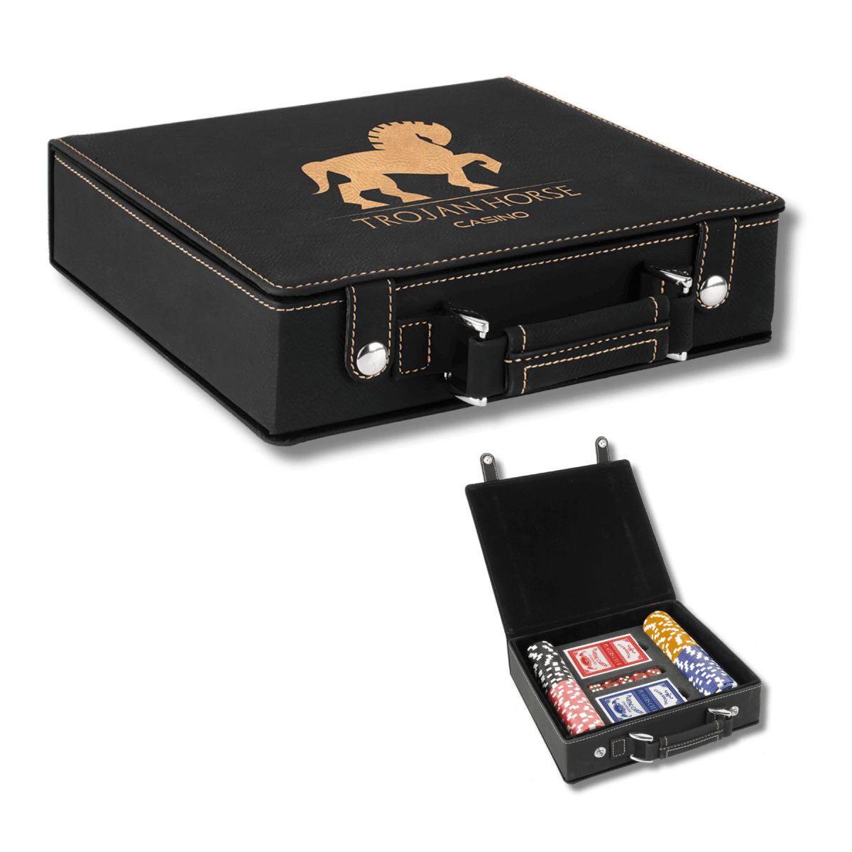Personalized Poker Set in Leatherette Carry Case - 100 chips, 2 Card Decks - Black/Gold