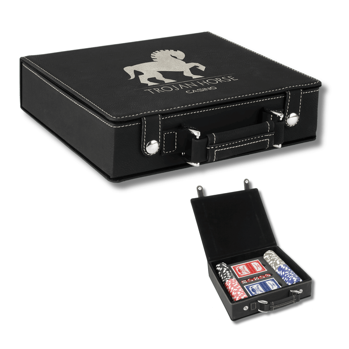 Personalized Poker Set in Leatherette Carry Case - 100 chips, 2 Card Decks - Black/Silver