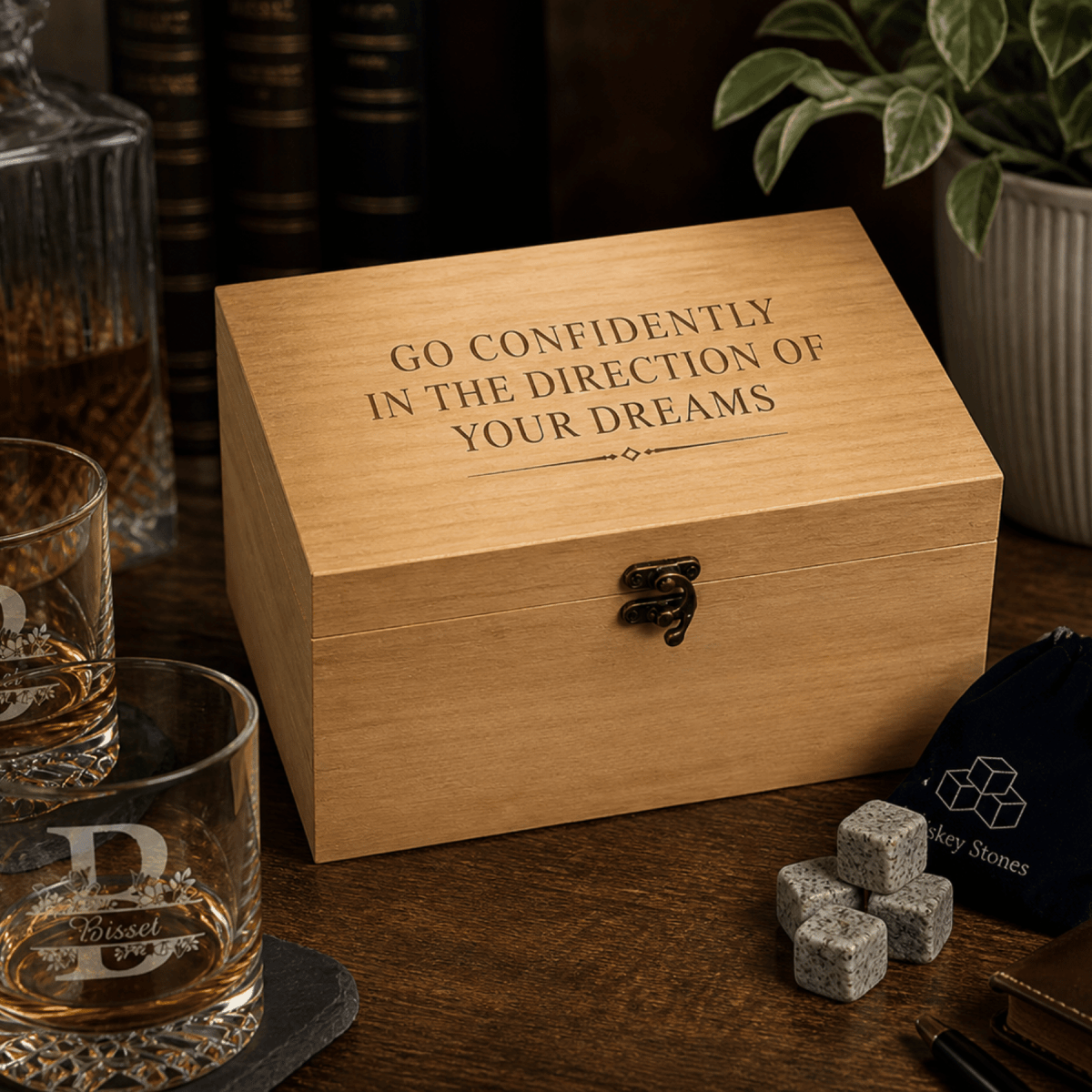Personalized Red Alder Whiskey Gift Set with Glasses, Coasters & Whiskey Stones - 