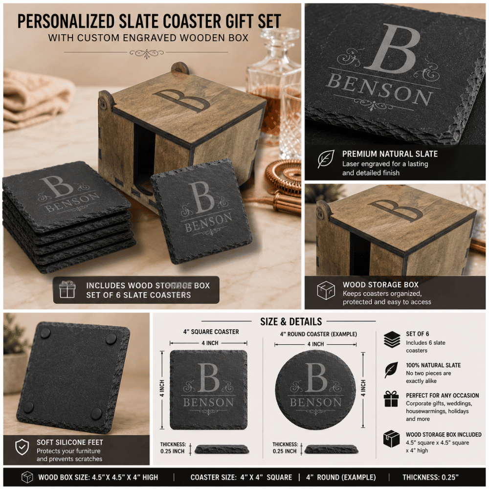 Personalized Slate Coaster Gift Set with Wood Storage Box - Round