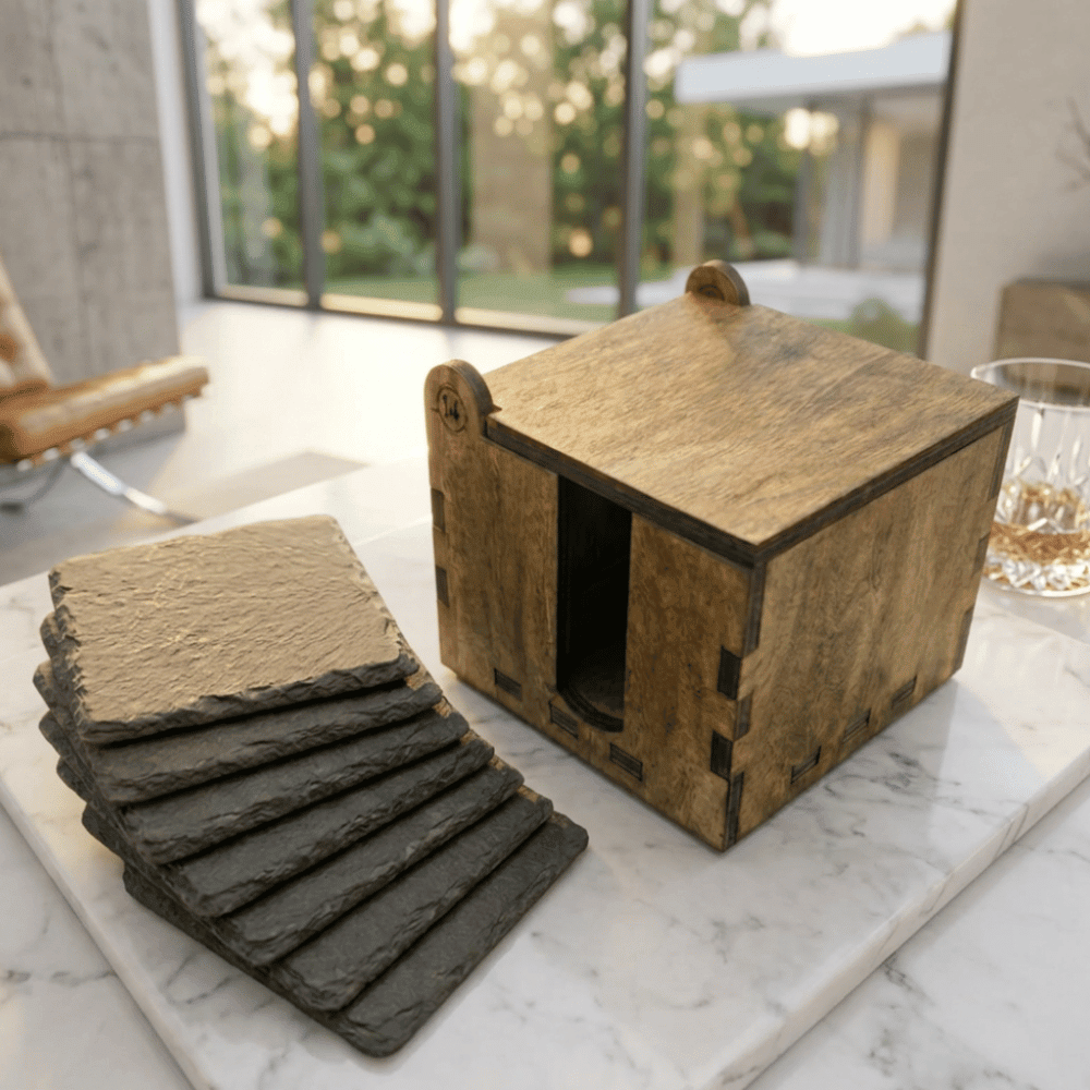 Personalized Slate Coaster Gift Set with Wood Storage Box - Round