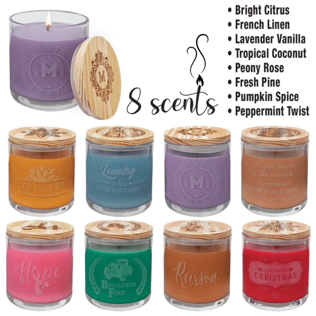 Personalized Soy Candles in a Glass Holder with Wood Lid - LightForce Laser Engraving, LLC