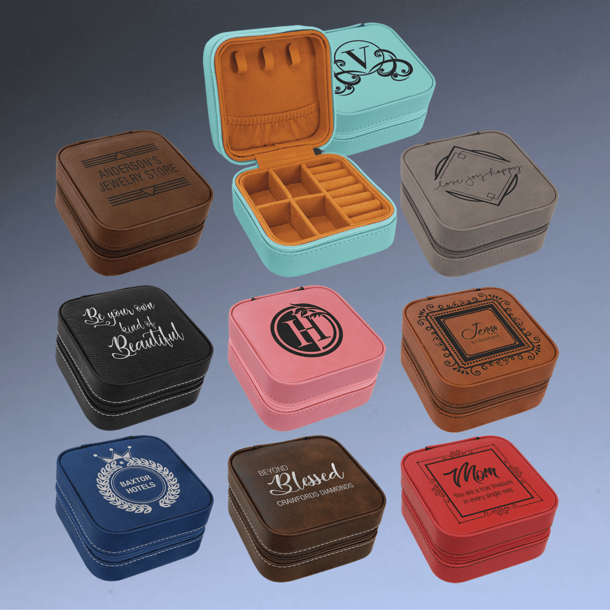 Personalized Travel Jewelry Box in Two Sizes with Multi - Compartments - Blue/Silver