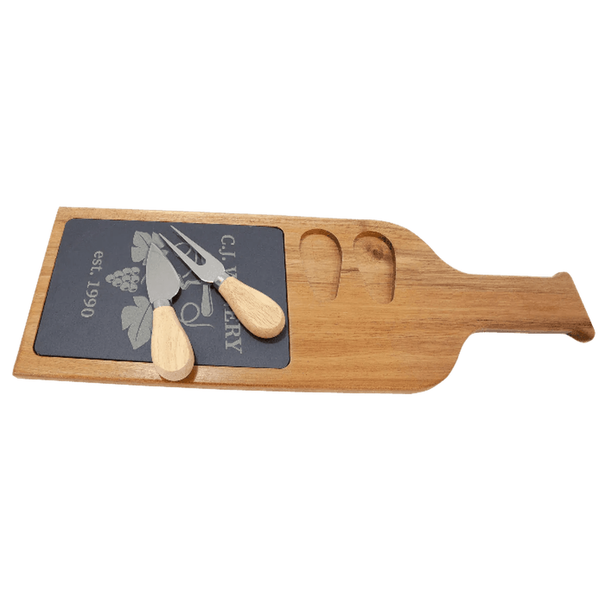 Personalized Wine Bottle Cheese Board Set - Slate & Acacia Wood with Tools - 17 1/2" x 6"