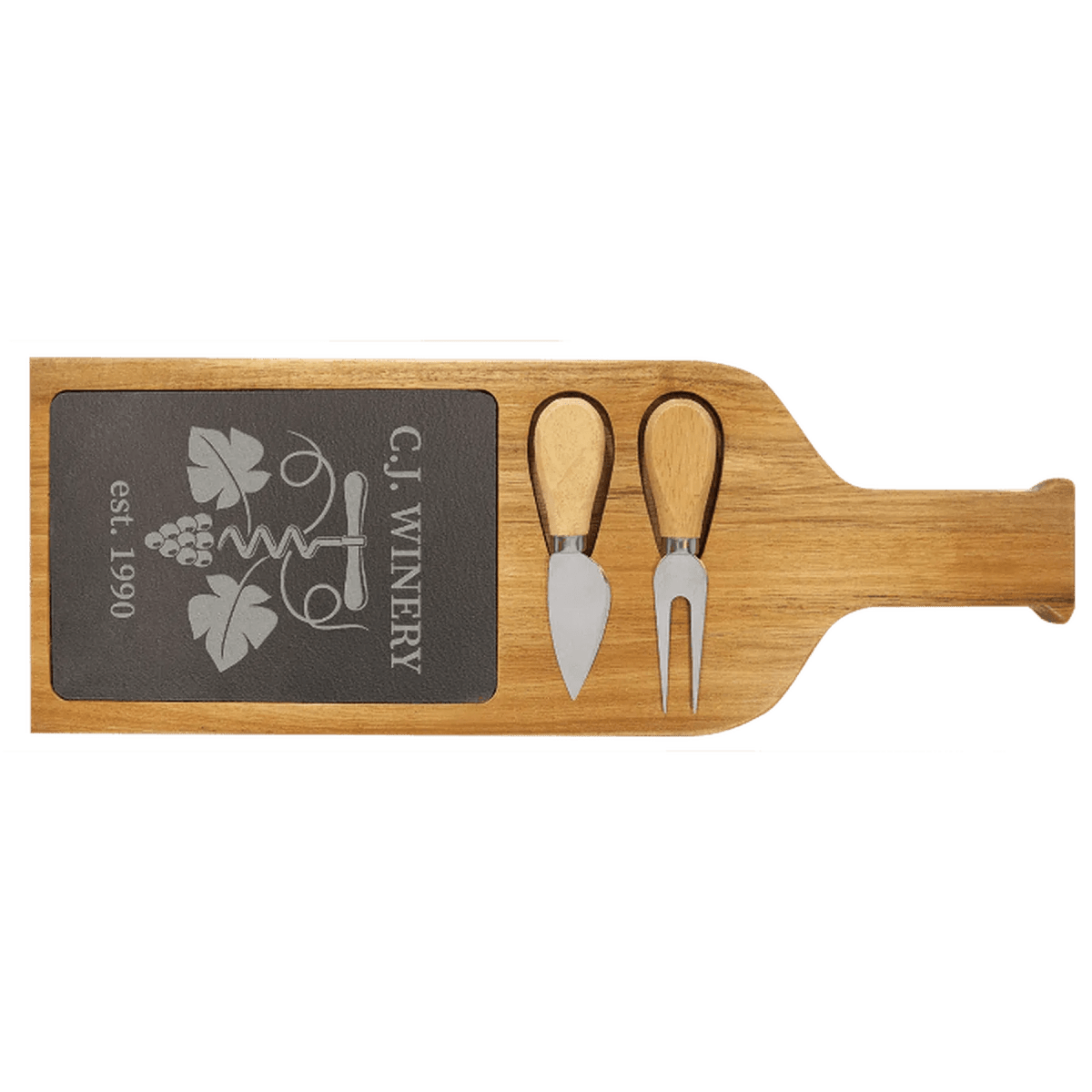Personalized Wine Bottle Cheese Board Set - Slate & Acacia Wood with Tools - 17 1/2" x 6"