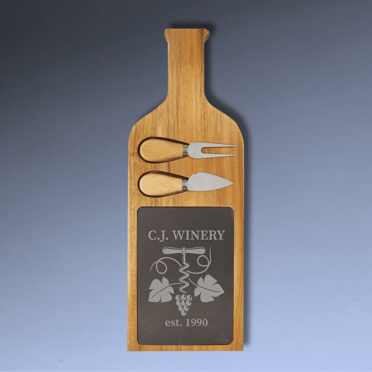 Personalized Wine Bottle Cheese Board Set - Slate & Acacia Wood with Tools - 17 1/2" x 6"