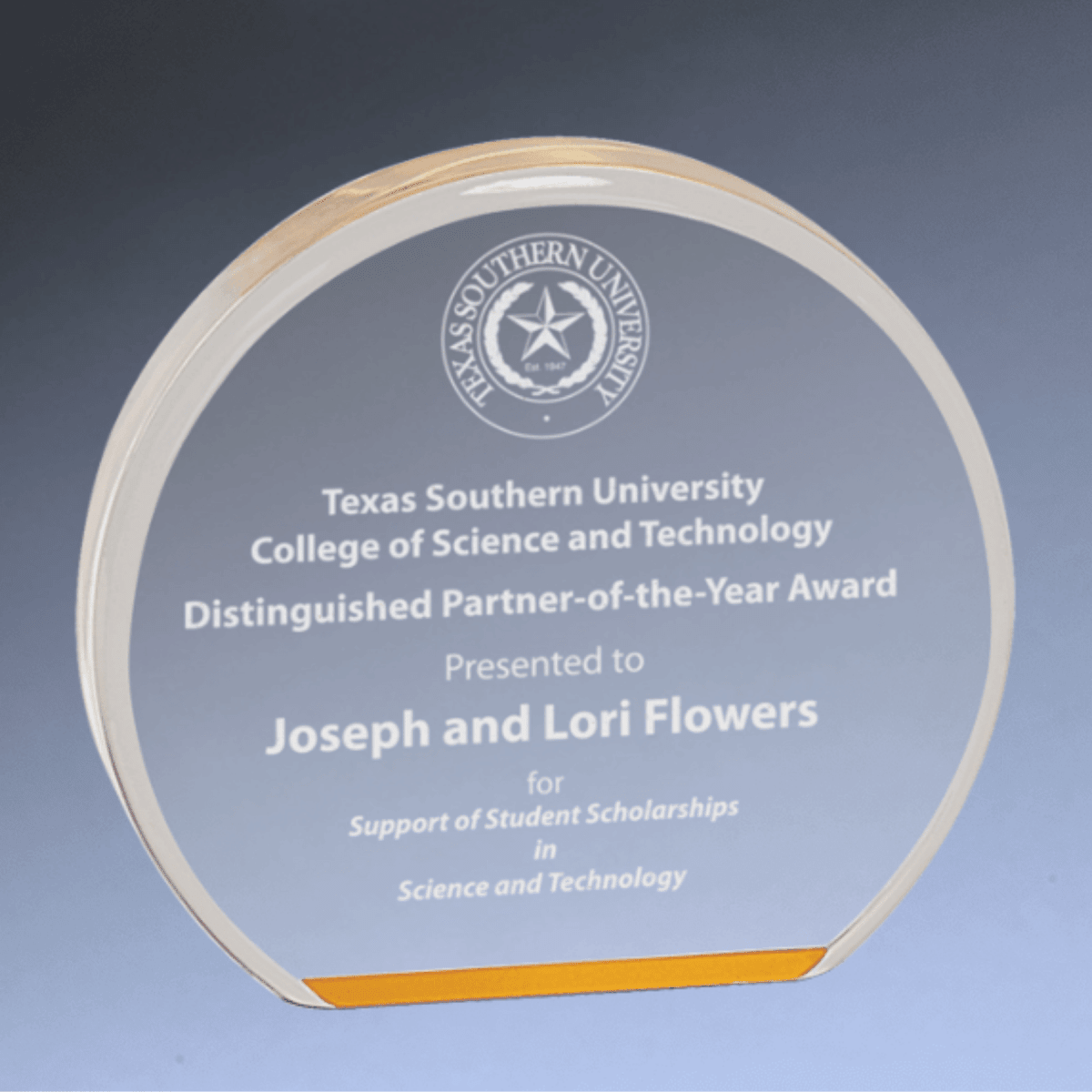 Premier Clear Round Acrylic Awards with Optional Gold or Blue Tint - Gold Tint