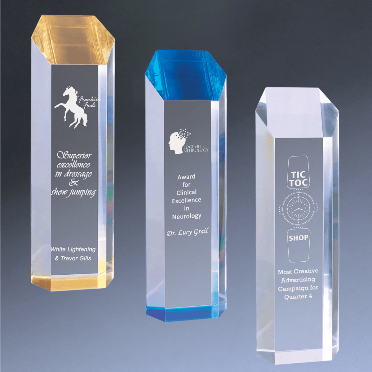 Premier Slant - Top Tower Acrylic Awards - Self - Standing Tribute - Blue