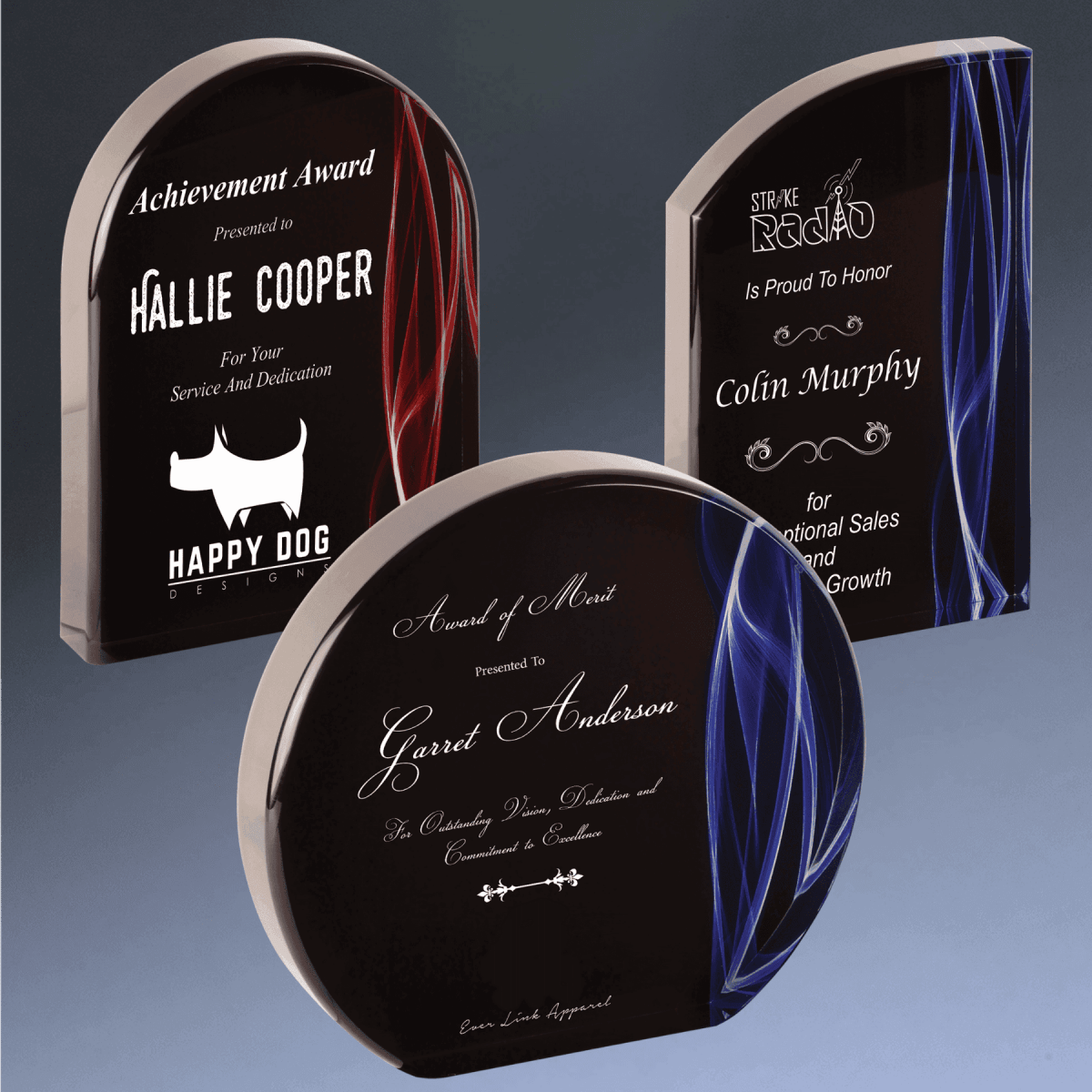 Premier Vapor Acrylic Awards - Black with Red or Blue Accents - Round