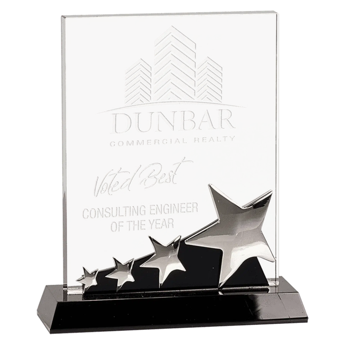 Rectangle Crystal with Silver Stars on Black Pedestal Base - LightForce Laser Engraving, LLC