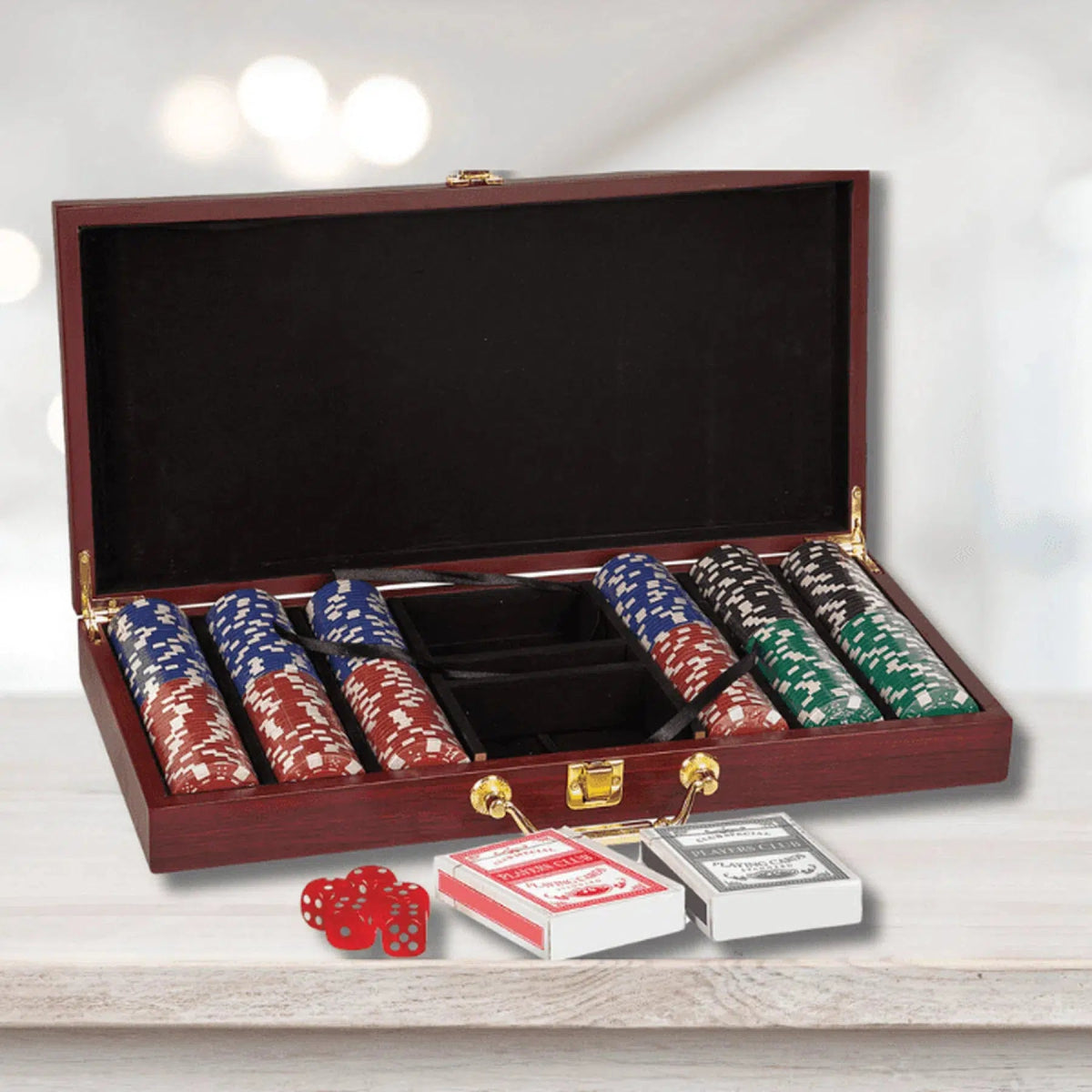 Rosewood Finish Poker Gift Set with 300 Chips, 2 Decks of Cards & 5 Dice - LightForce Laser Engraving, LLC