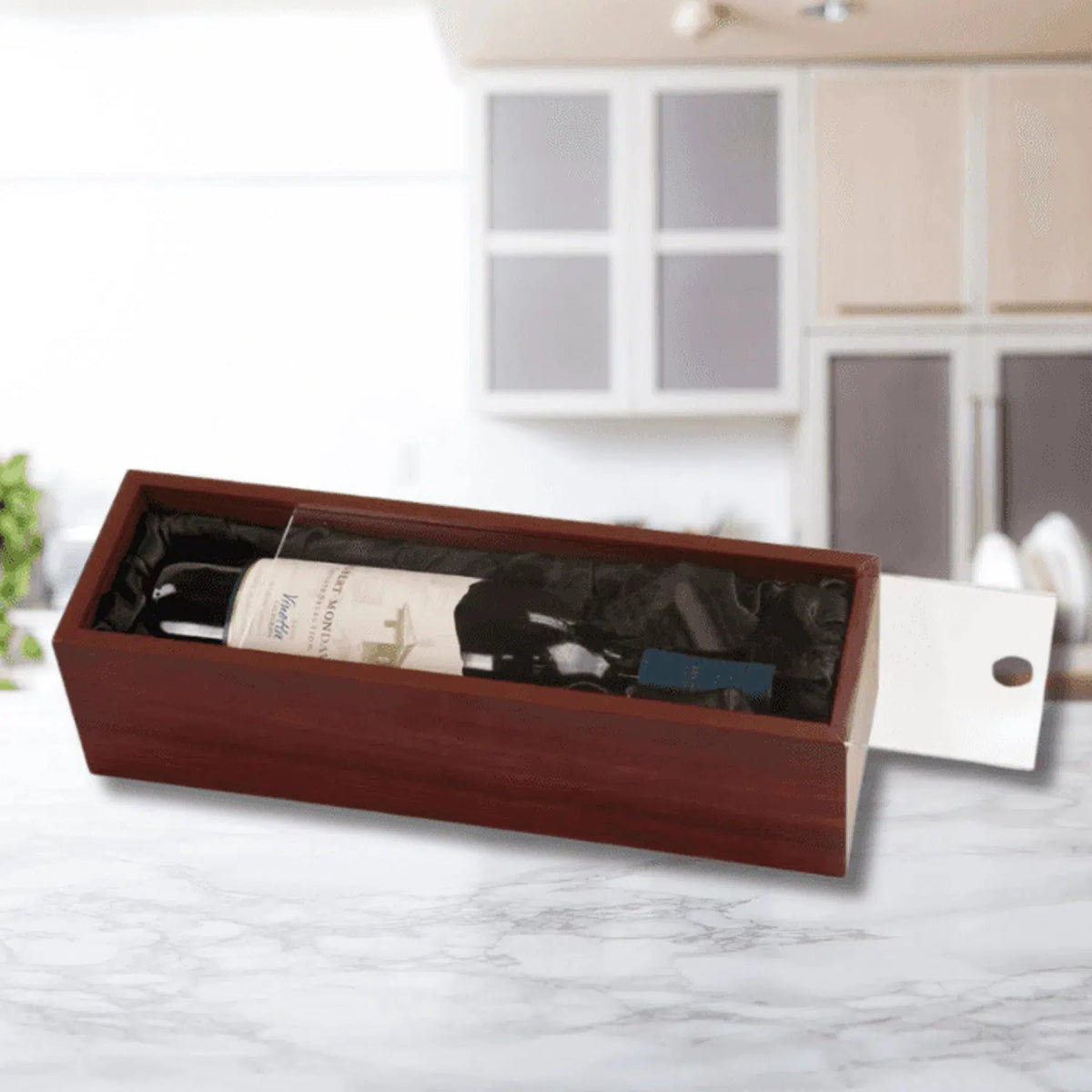 Rosewood Finish Wine Box with Clear Acrylic Lid & Black Lining - LightForce Laser Engraving, LLC