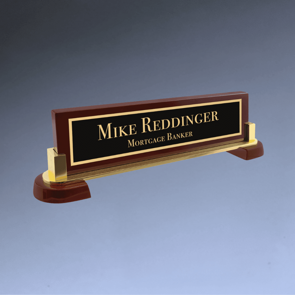 Rosewood Piano Finish Desk Bar with Engraved Brass Name Plate - 12 ½"(L) x 3 ¼"(H)