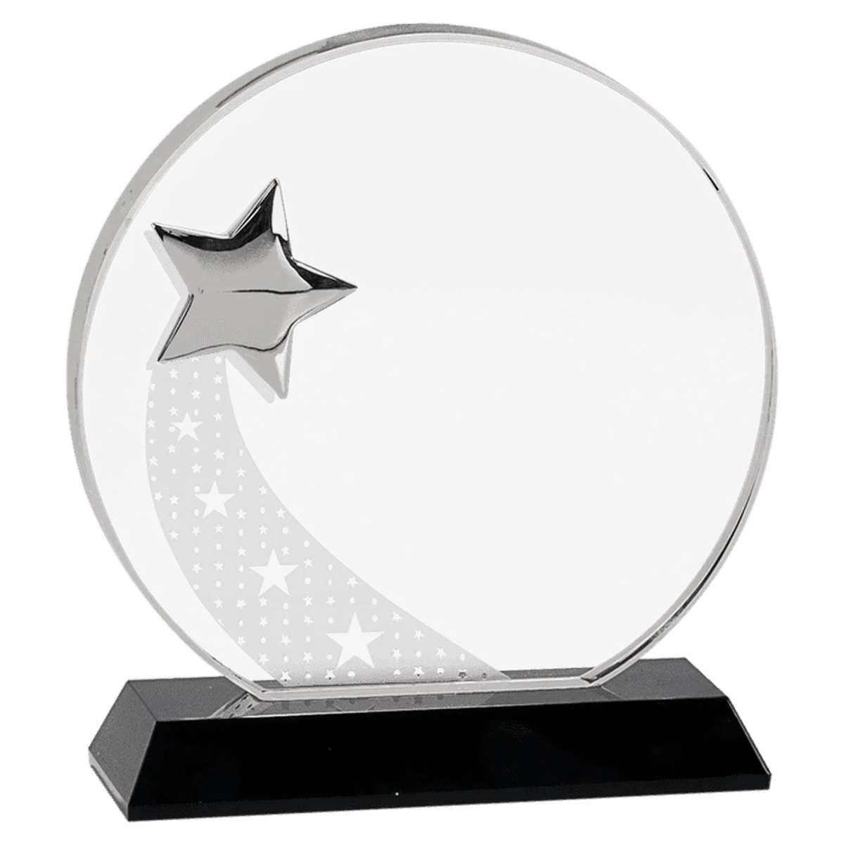 Round Crystal with Silver Star on Black Pedestal Base - LightForce Laser Engraving, LLC