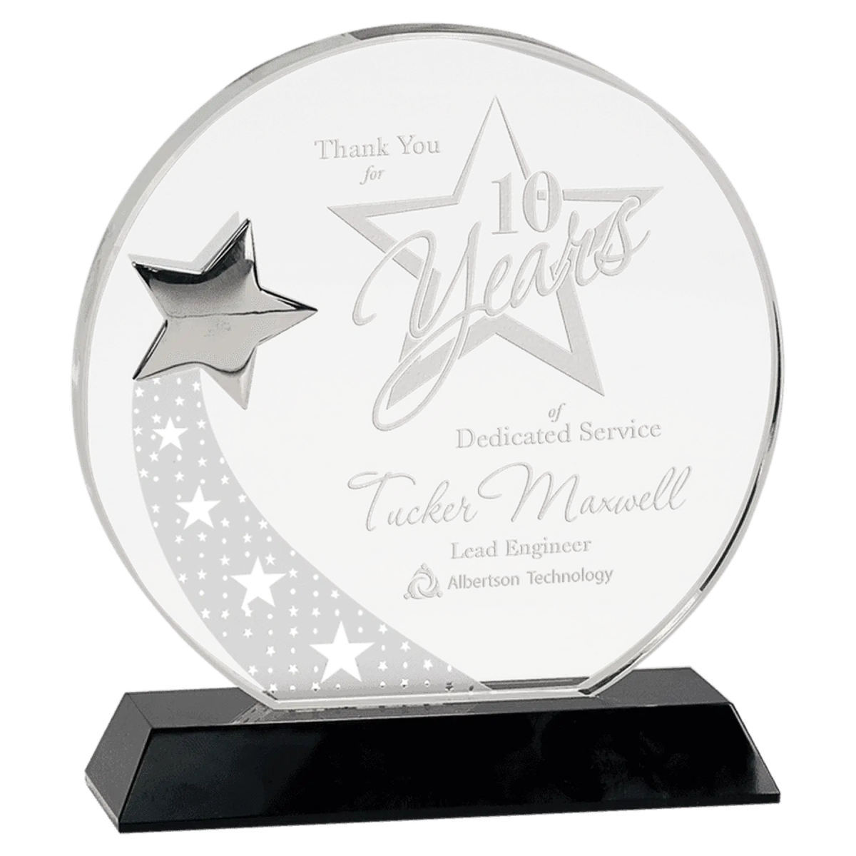 Round Crystal with Silver Star on Black Pedestal Base - LightForce Laser Engraving, LLC