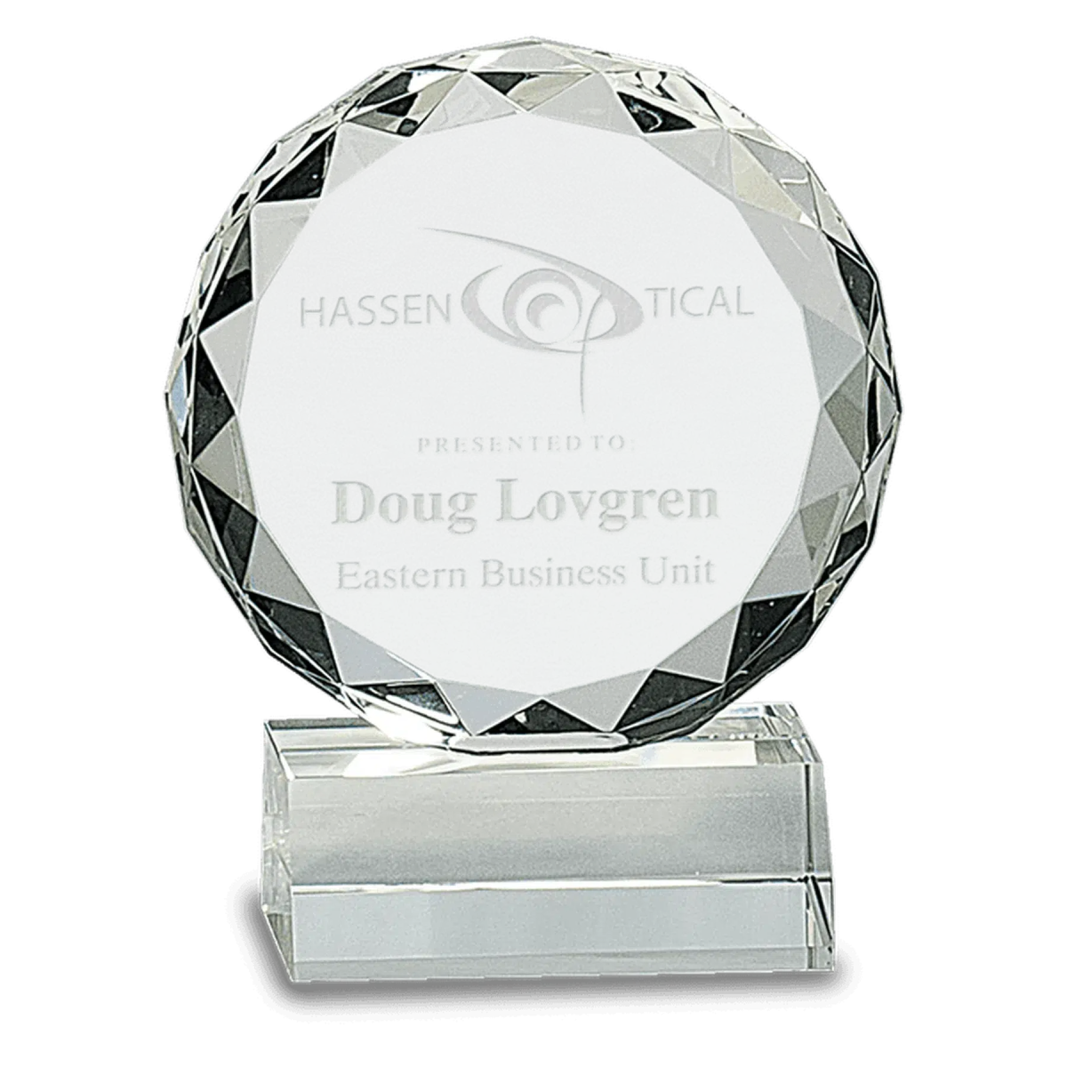 Round Facet Crystal on Clear Pedestal Base - LightForce Laser Engraving, LLC