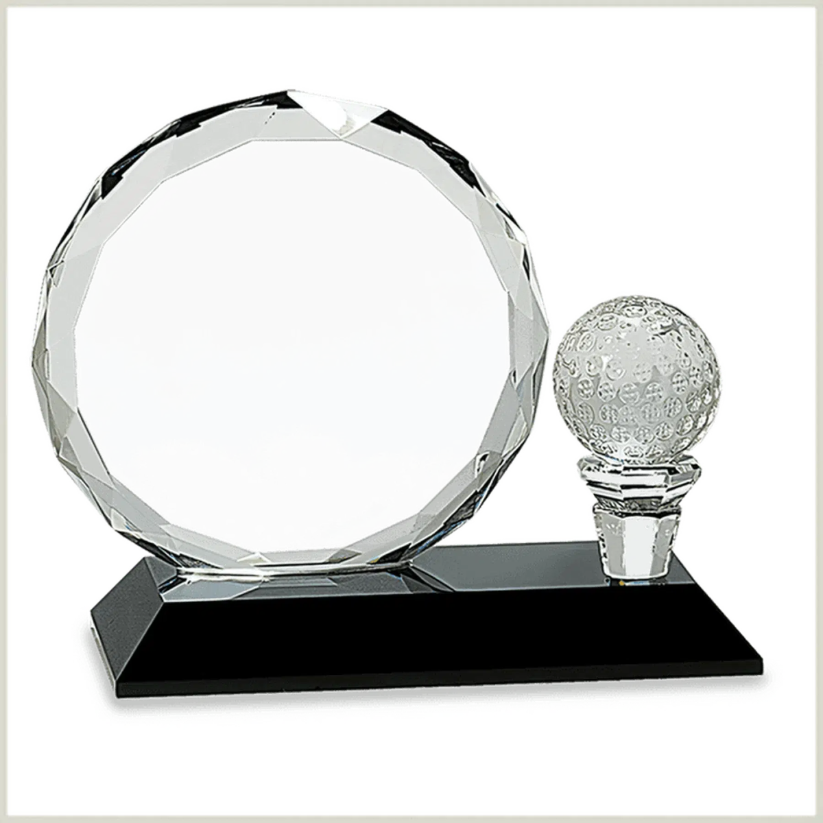 Round Facet Crystal with Golf Ball on Black Pedestal Base - LightForce Laser Engraving, LLC