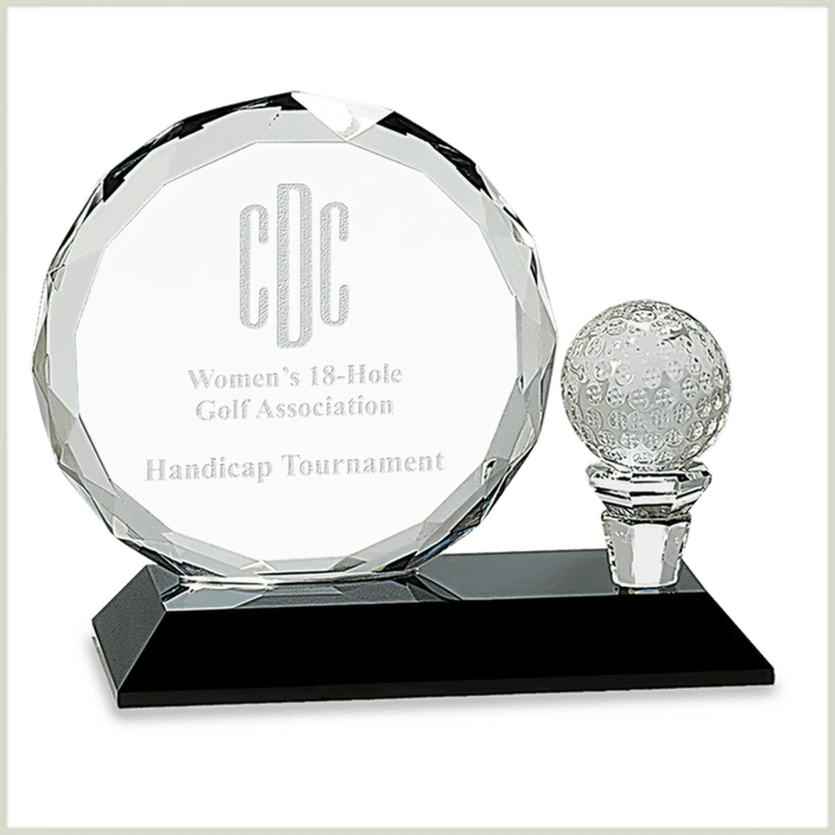 Round Facet Crystal with Golf Ball on Black Pedestal Base - LightForce Laser Engraving, LLC