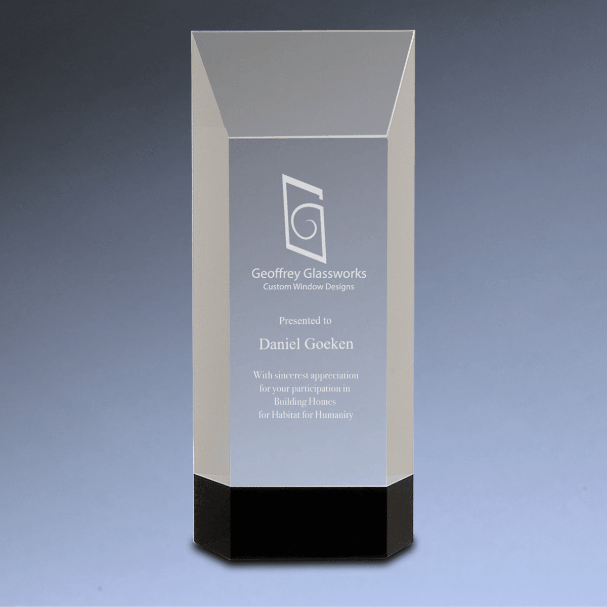 Self - Standing Crystal Rectangle Award on Black Crystal Base - 8 1/4"