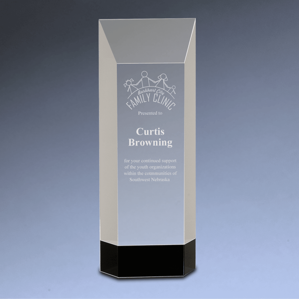 Self - Standing Crystal Rectangle Award on Black Crystal Base - 9 1/2"