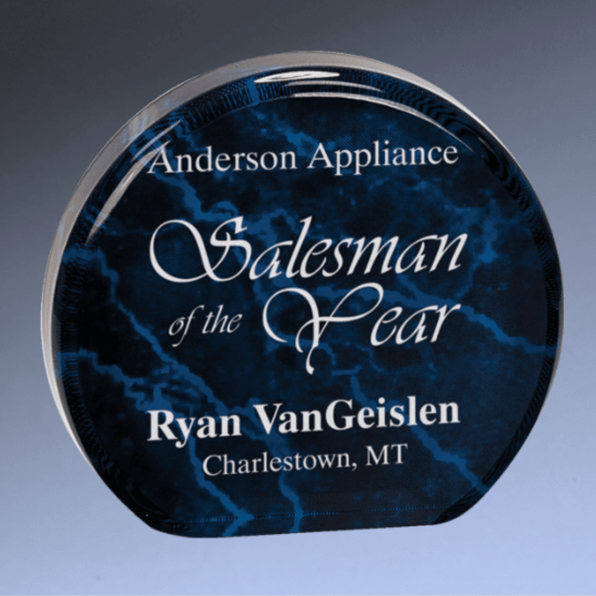 Self - Standing Round Acrylic Award - Solid Black or Marbelized - Blue Marble