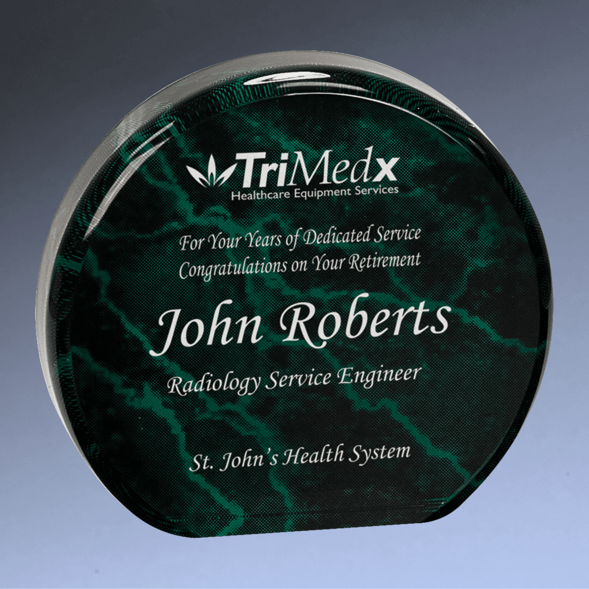Self - Standing Round Acrylic Award - Solid Black or Marbelized - Green Marble