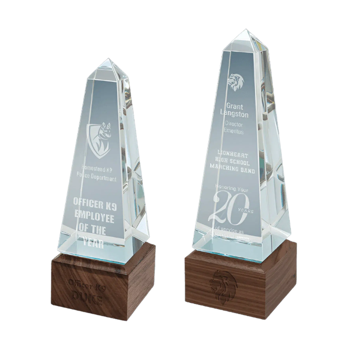 Sierra Glass Obelisk with Walnut Base - LightForce Laser Engraving, LLC