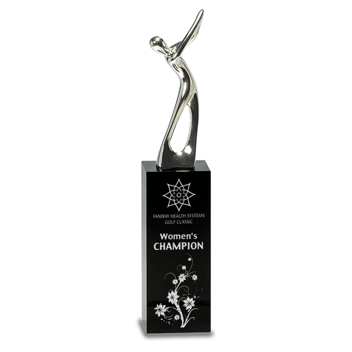 Silver Metal Golf Figure on Black Crystal Pedestal - LightForce Laser Engraving, LLC